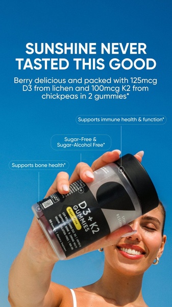 A high-contrast, sun-drenched product shot of D3 + K2 gummy supplement bottles held against a clear blue sky, featuring clear benefit callouts.